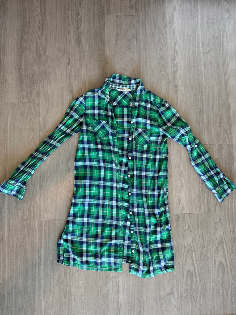 Vintage 100% Cotton Green and Blue Plaid Button-Down long Shirt - Womens